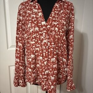 Maeve Lions Elephant Animal Print Shirt Top Size 6 Safari Theme Rust White *Flaw